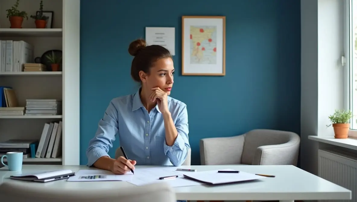 Žena analizira financijske dokumente za stolom